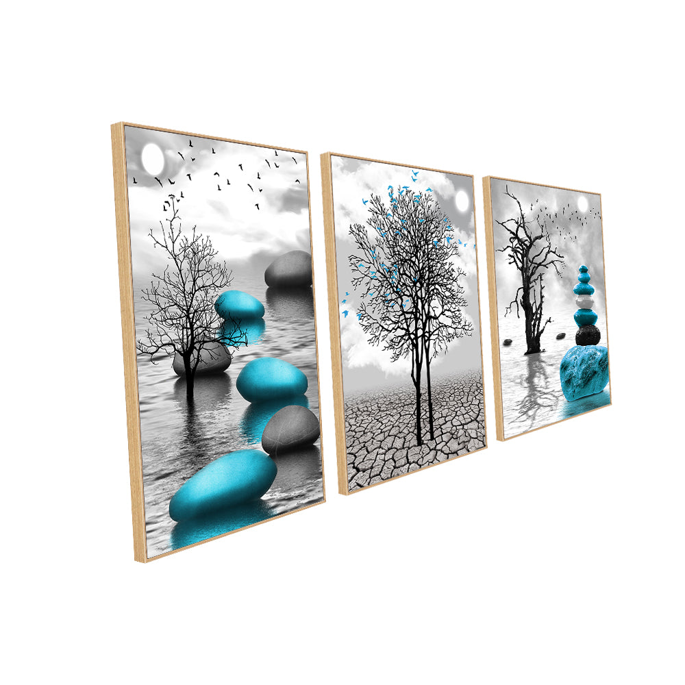 Modern Zen Landscape 3-Piece – Black, White & Blue Serenity Canvas Wall Art