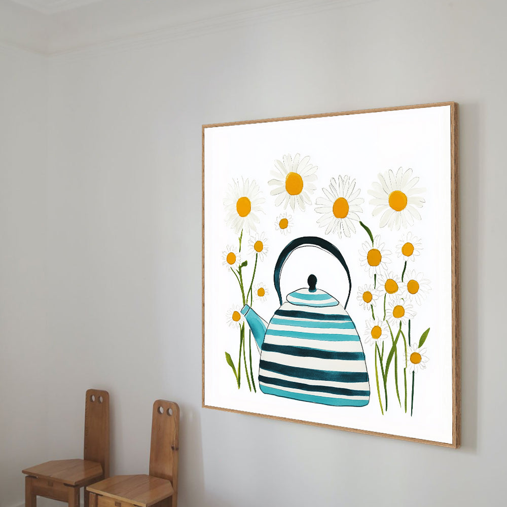 Whimsical Teapot And Daisies Canvas Wall Art