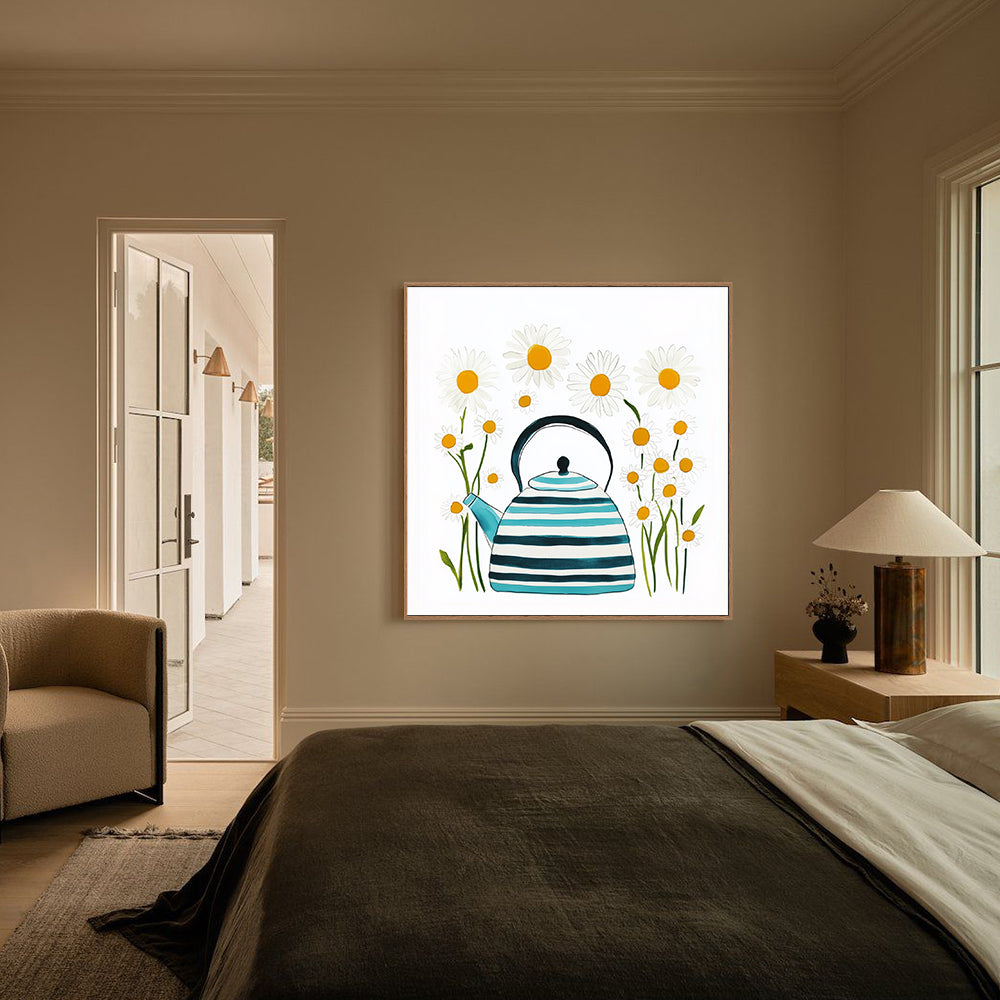 Whimsical Teapot And Daisies Canvas Wall Art