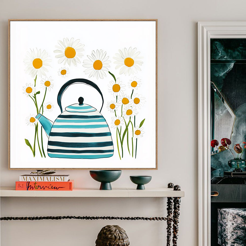 Whimsical Teapot And Daisies Canvas Wall Art