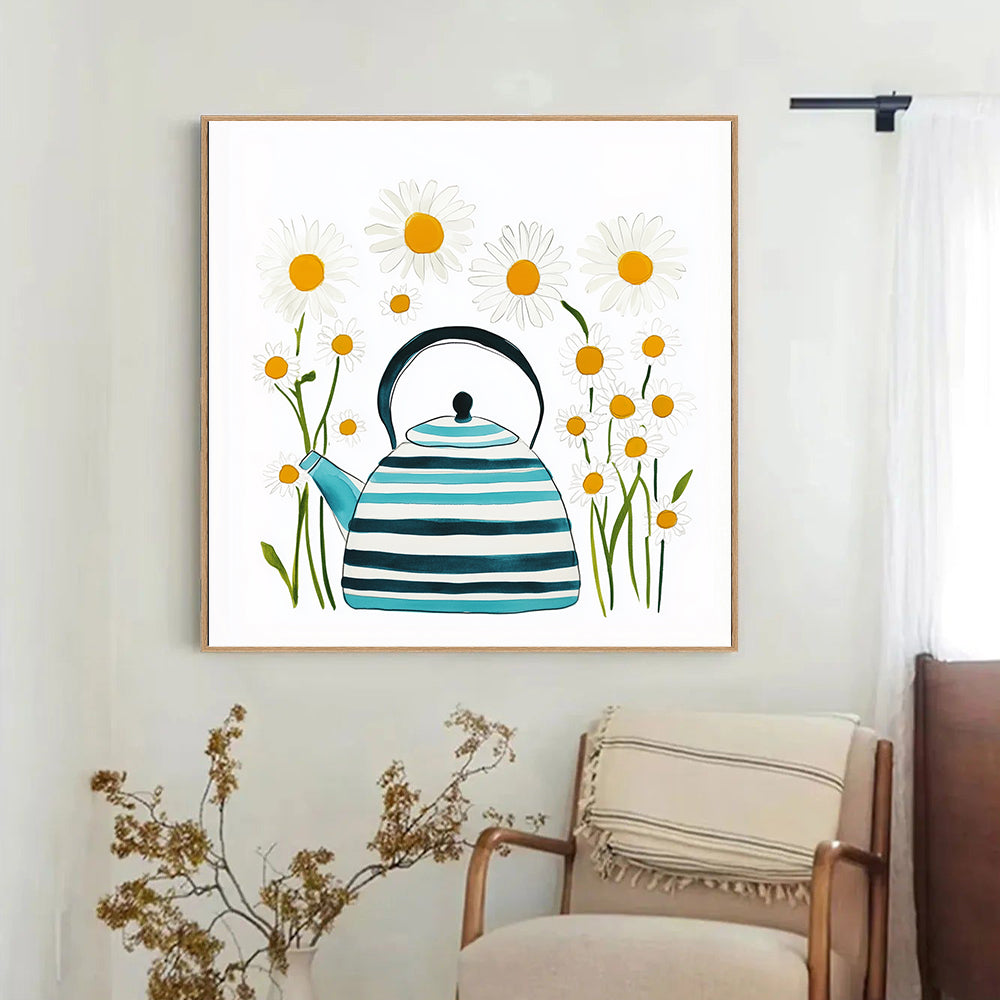 Whimsical Teapot And Daisies Canvas Wall Art