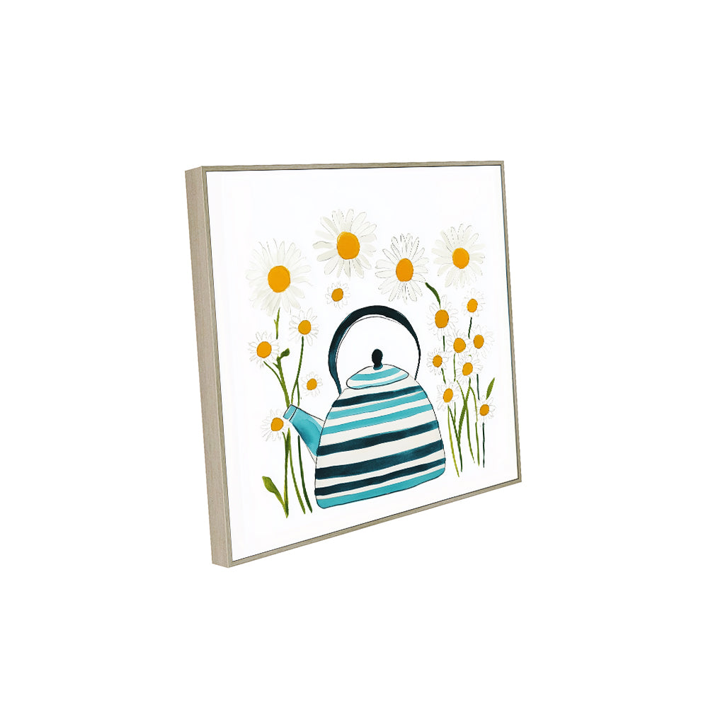 Whimsical Teapot And Daisies Canvas Wall Art