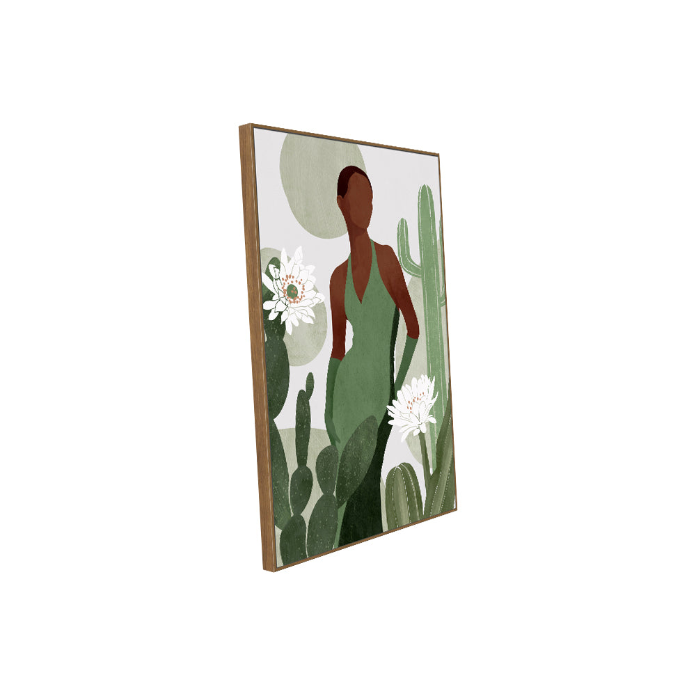 Desert Elegance: Woman In Green With Cactus Canvas Art