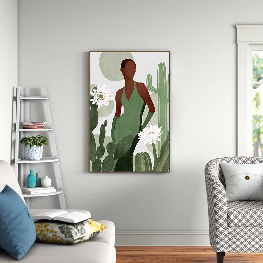Desert Elegance: Woman In Green With Cactus Canvas Art
