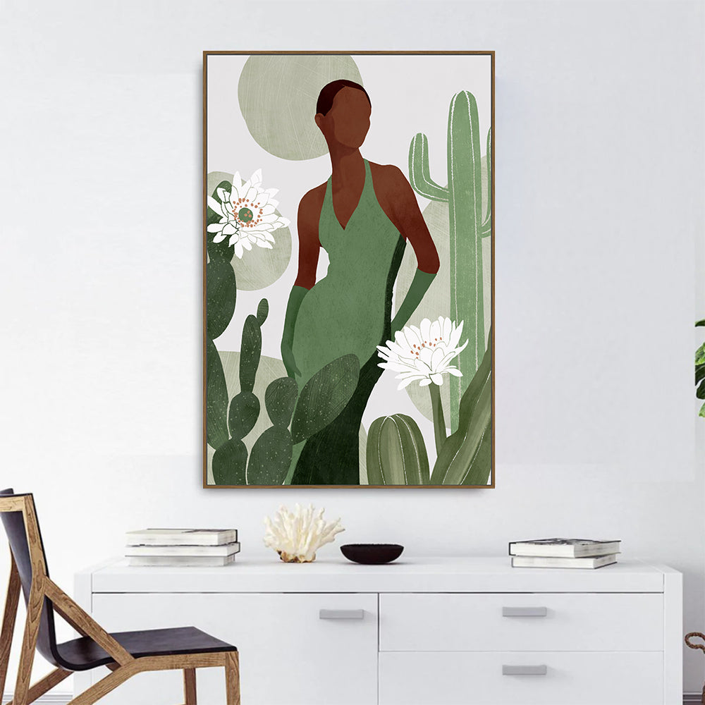 Desert Elegance: Woman In Green With Cactus Canvas Art