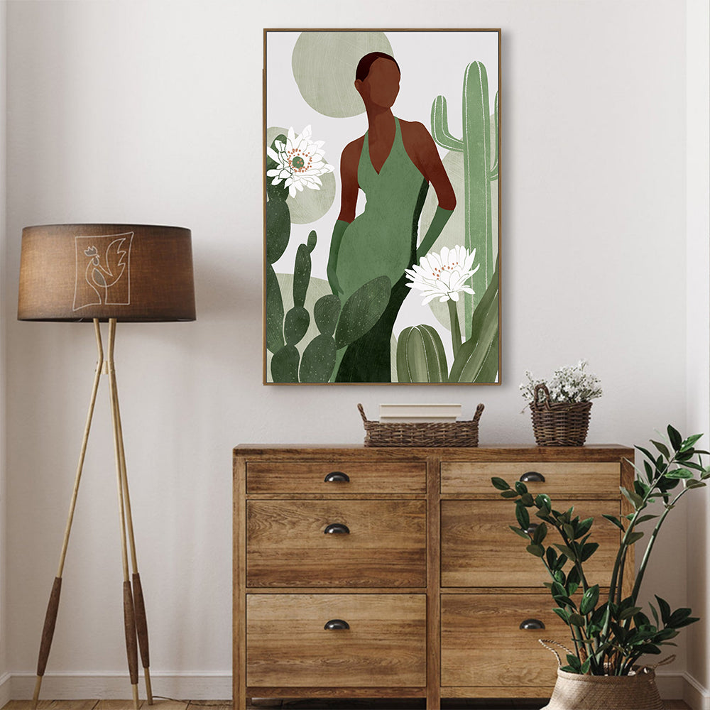 Desert Elegance: Woman In Green With Cactus Canvas Art