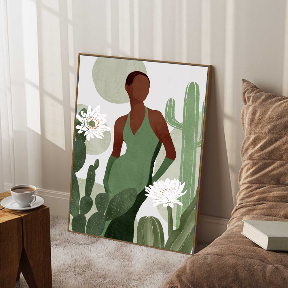 Desert Elegance: Woman In Green With Cactus Canvas Art