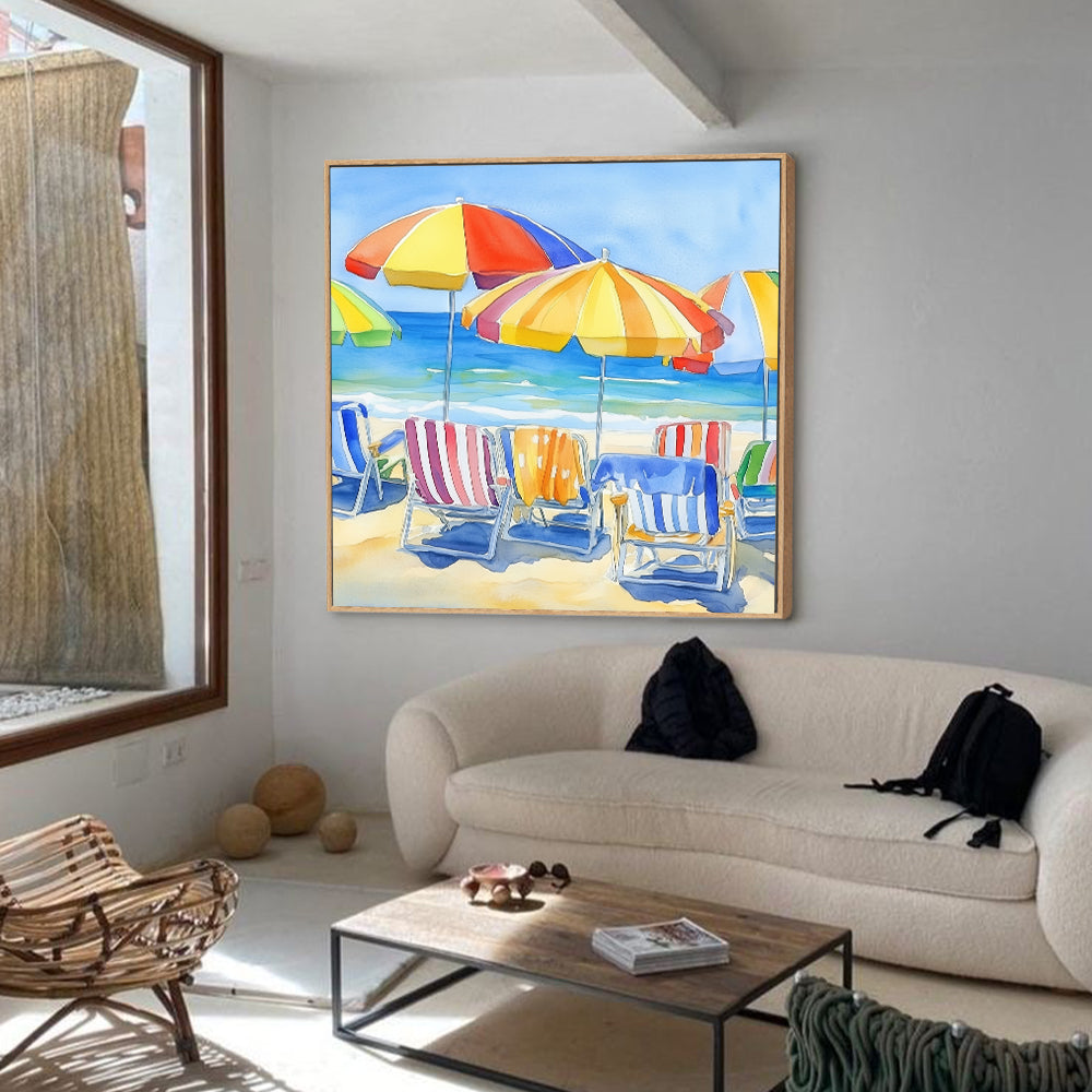 Vibrant Beach Day - Colorful Umbrellas And Chairs Canvas Wall Art