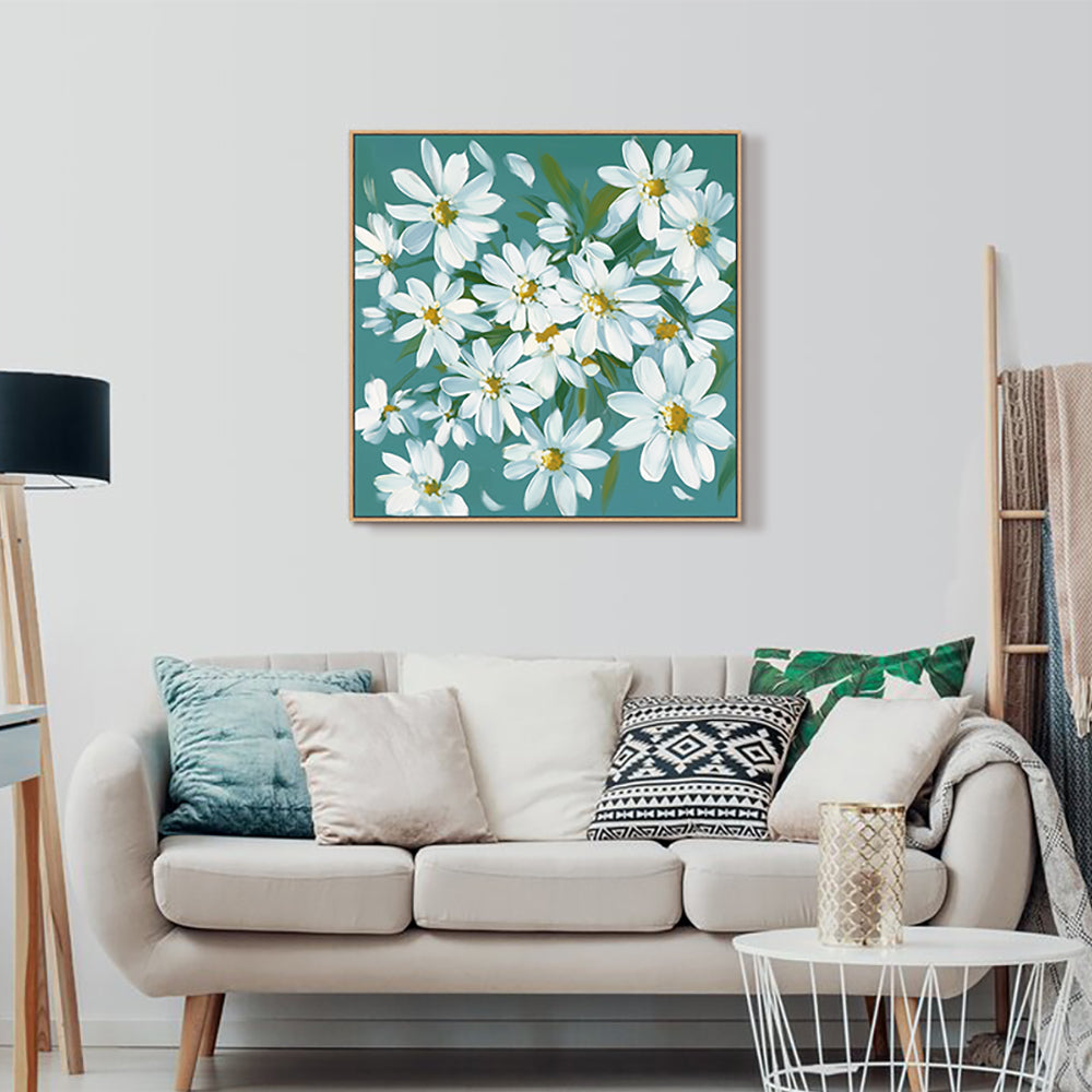 White Daisy Blooms on Teal Background Canvas Wall Art