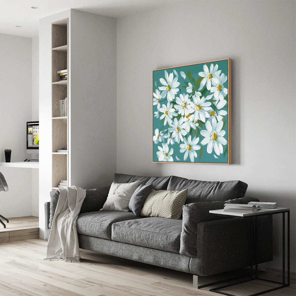 White Daisy Blooms on Teal Background Canvas Wall Art