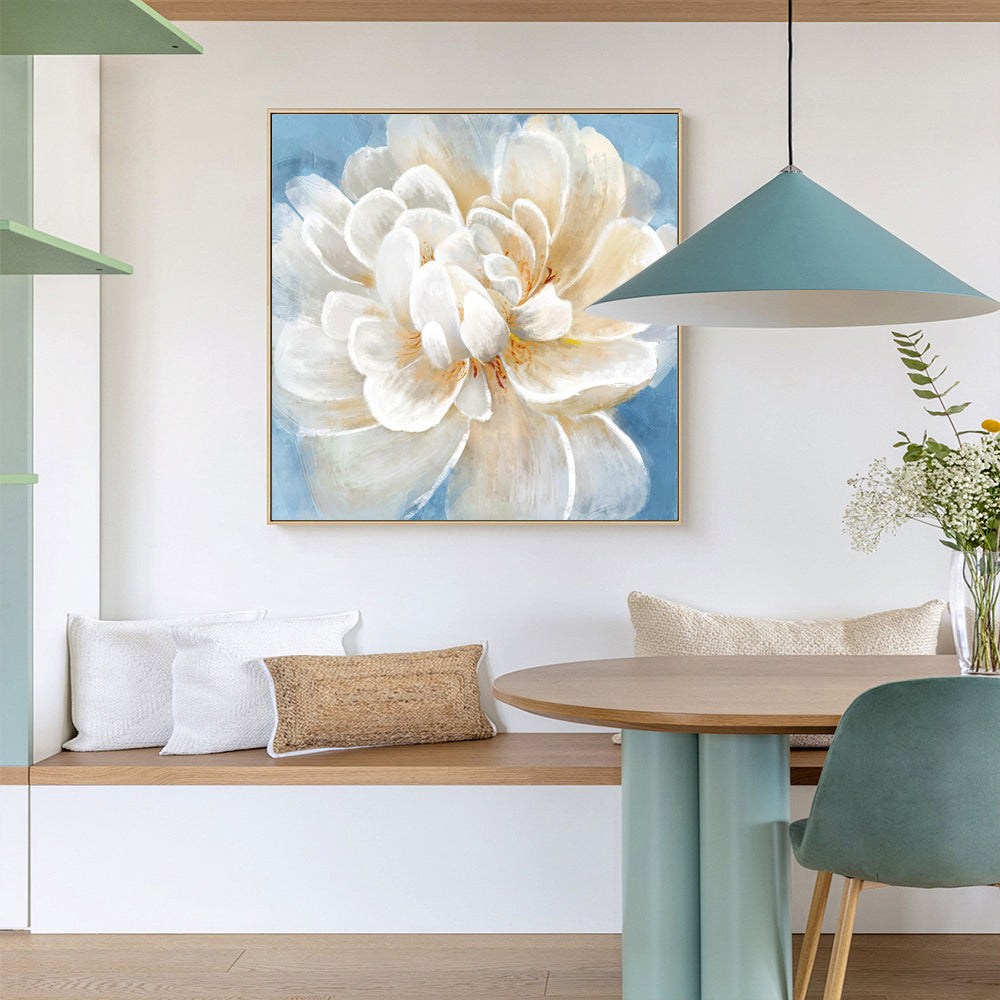 Soft Blue Background- Elegant White Peony Floral Canvas Wall Art