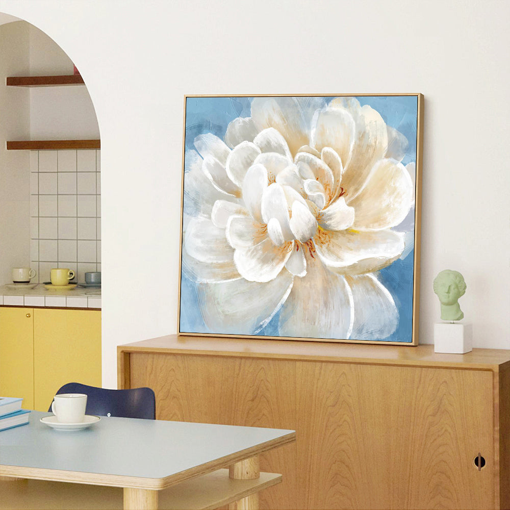 Soft Blue Background- Elegant White Peony Floral Canvas Wall Art