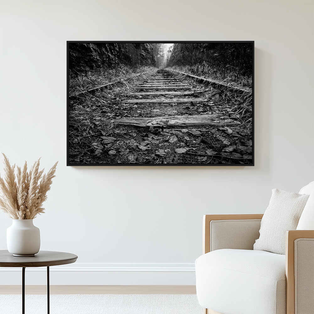 Abandoned Railway Tracks Black And White Canvas Wall Art