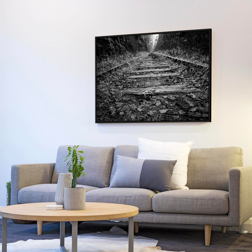 Abandoned Railway Tracks Black And White Canvas Wall Art