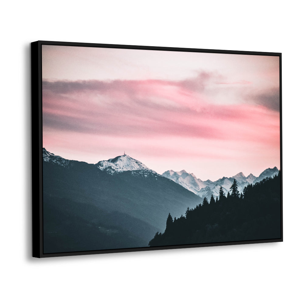 Pink Sunset Over Snowy Mountain Canvas Wall Art