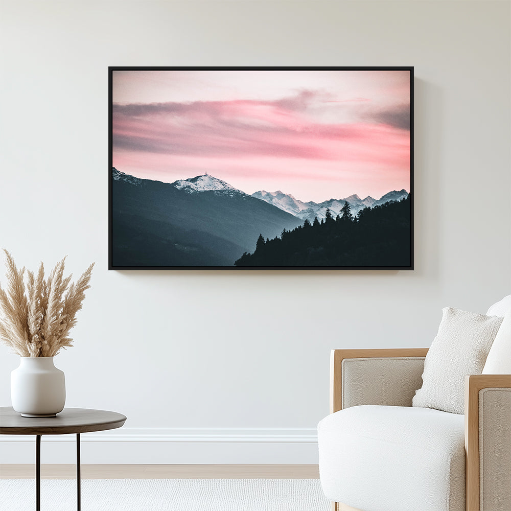 Pink Sunset Over Snowy Mountain Canvas Wall Art