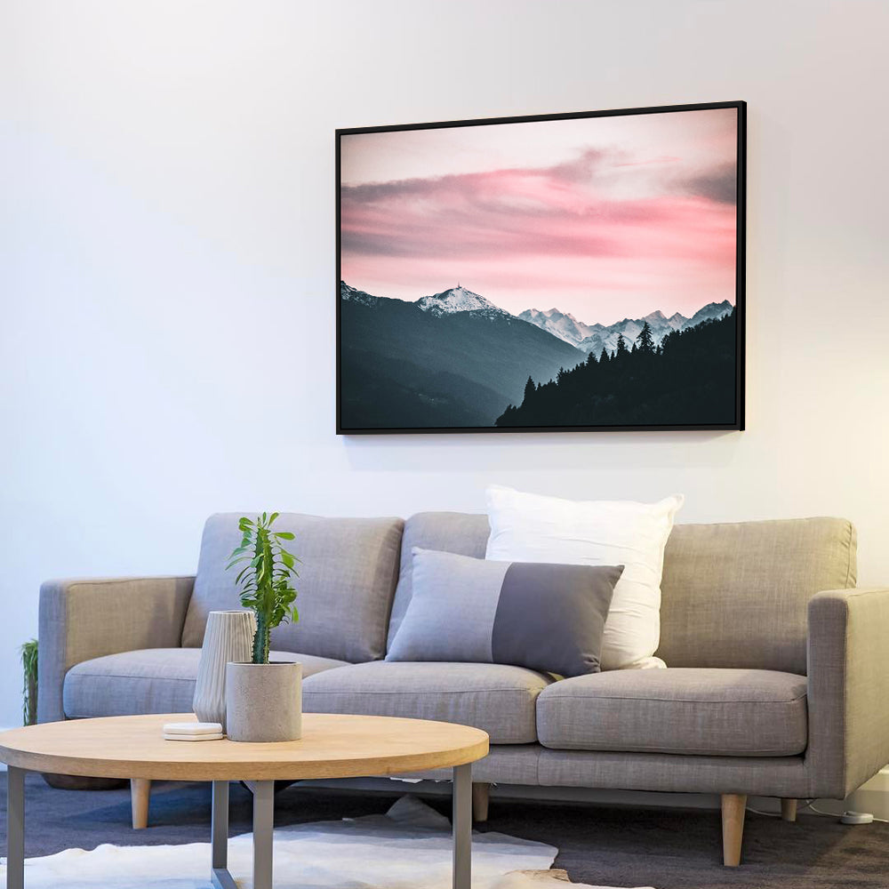 Pink Sunset Over Snowy Mountain Canvas Wall Art