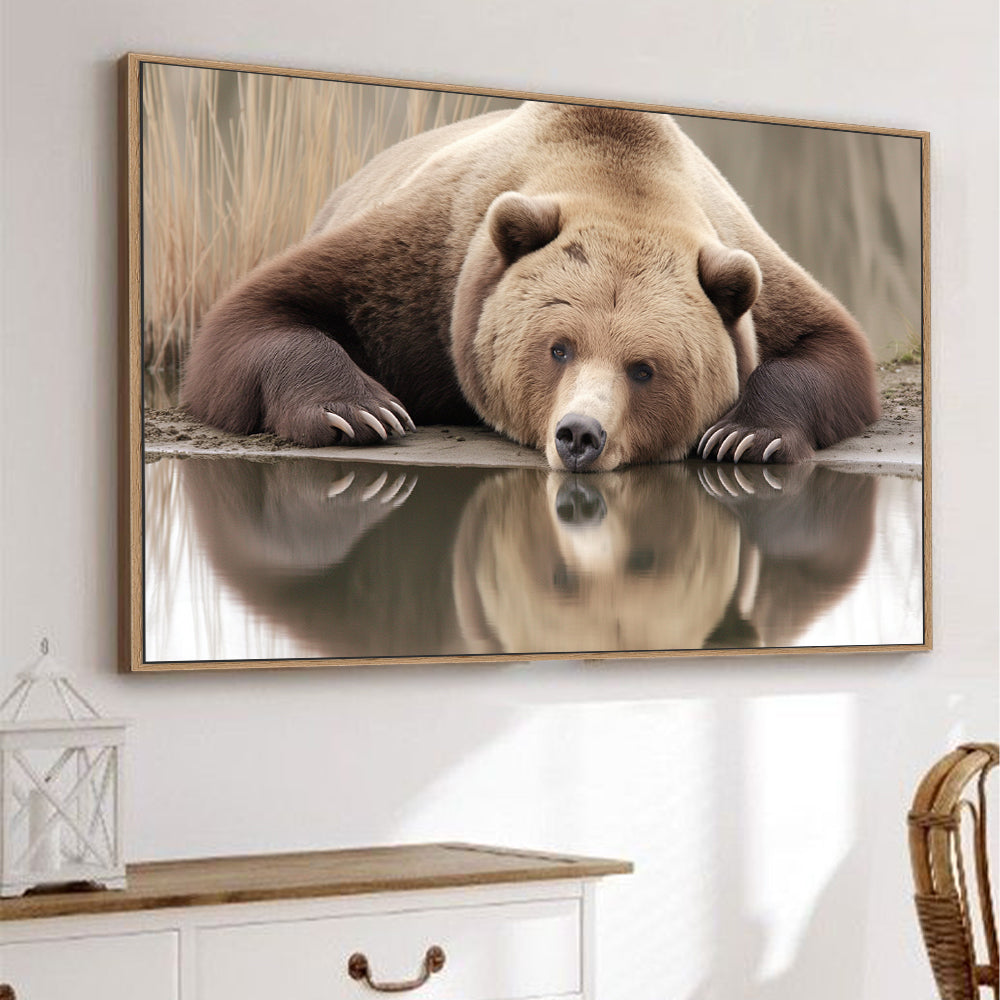 Reflective Grizzly: Serene Wildlife Canvas Wall Art