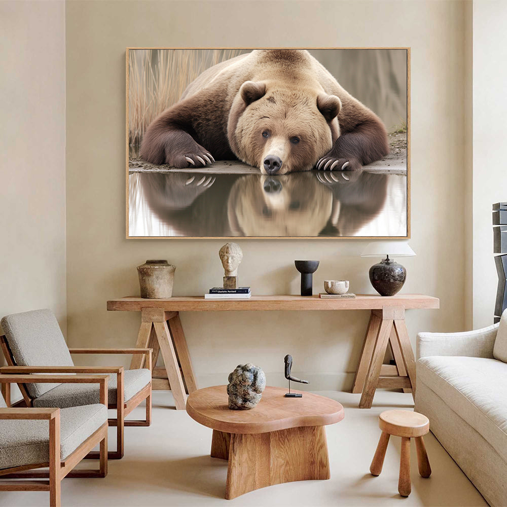 Reflective Grizzly: Serene Wildlife Canvas Wall Art