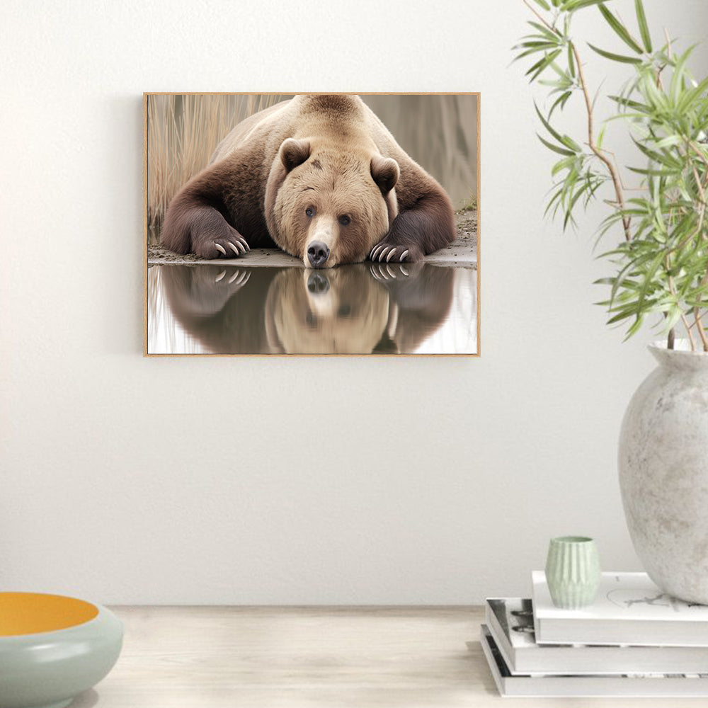 Reflective Grizzly: Serene Wildlife Canvas Wall Art