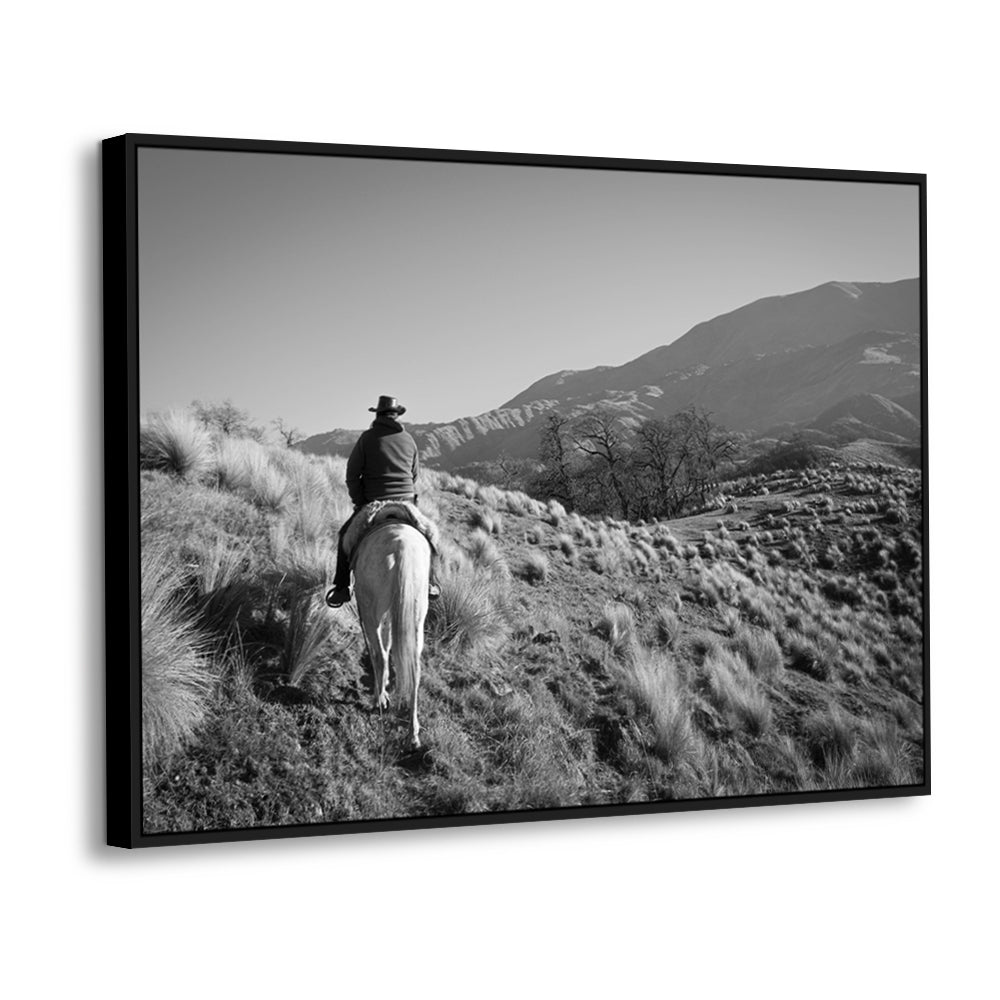 Lone Cowboy On Horseback Black And White Canvas Wall Art