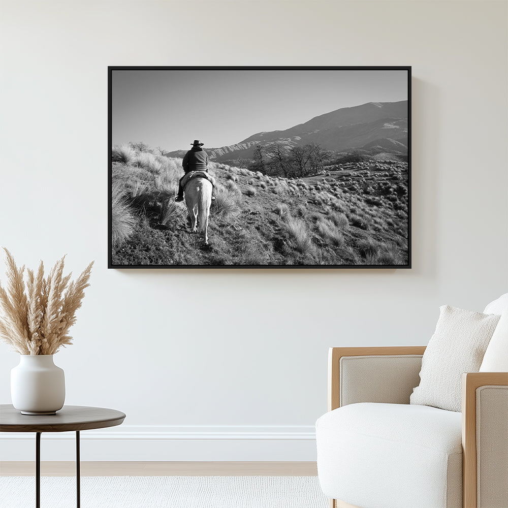 Lone Cowboy On Horseback Black And White Canvas Wall Art