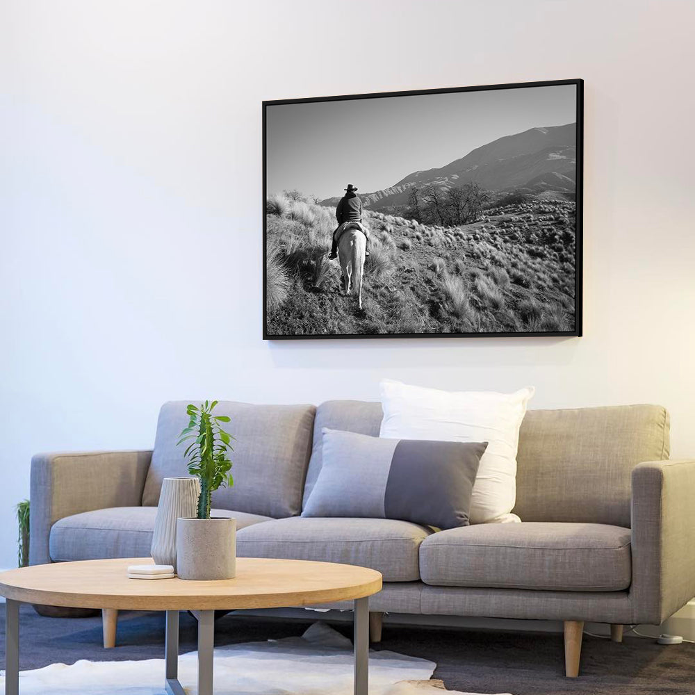Lone Cowboy On Horseback Black And White Canvas Wall Art