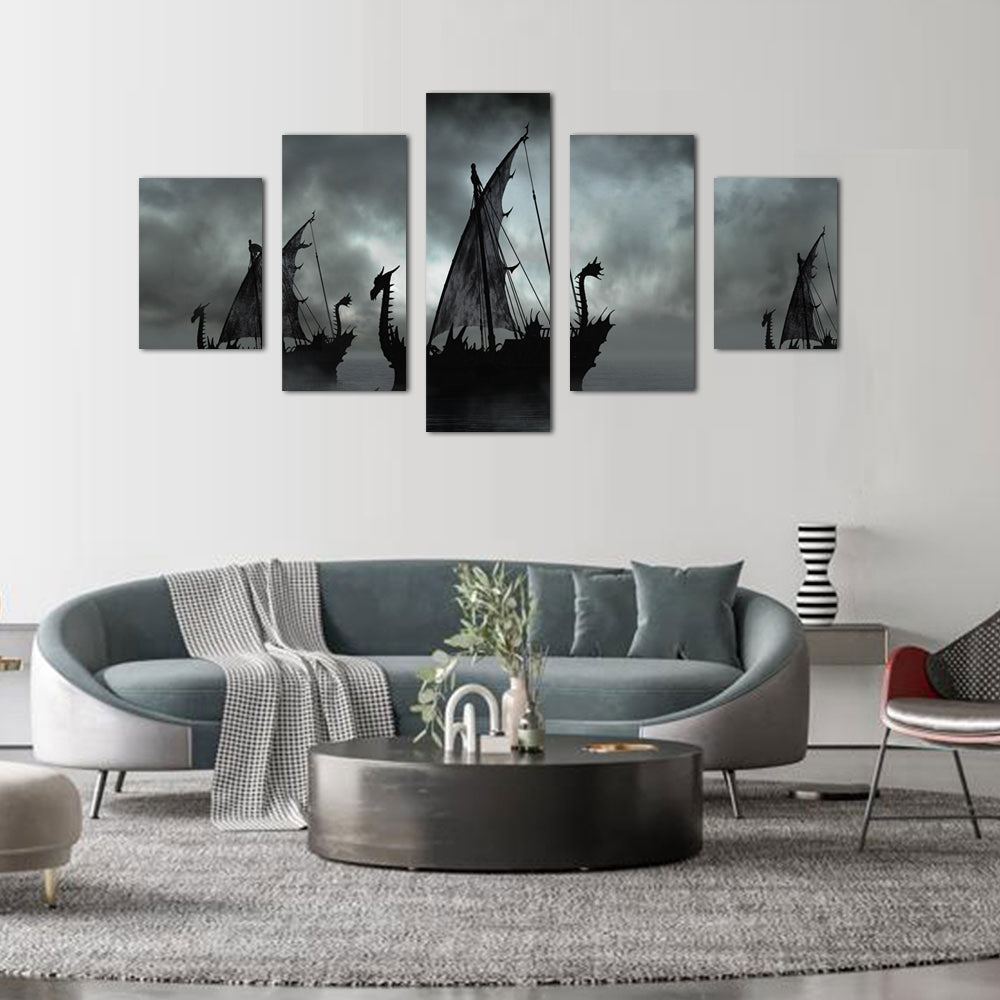 Viking Dragon Ship Silhouette Canvas Wall Art