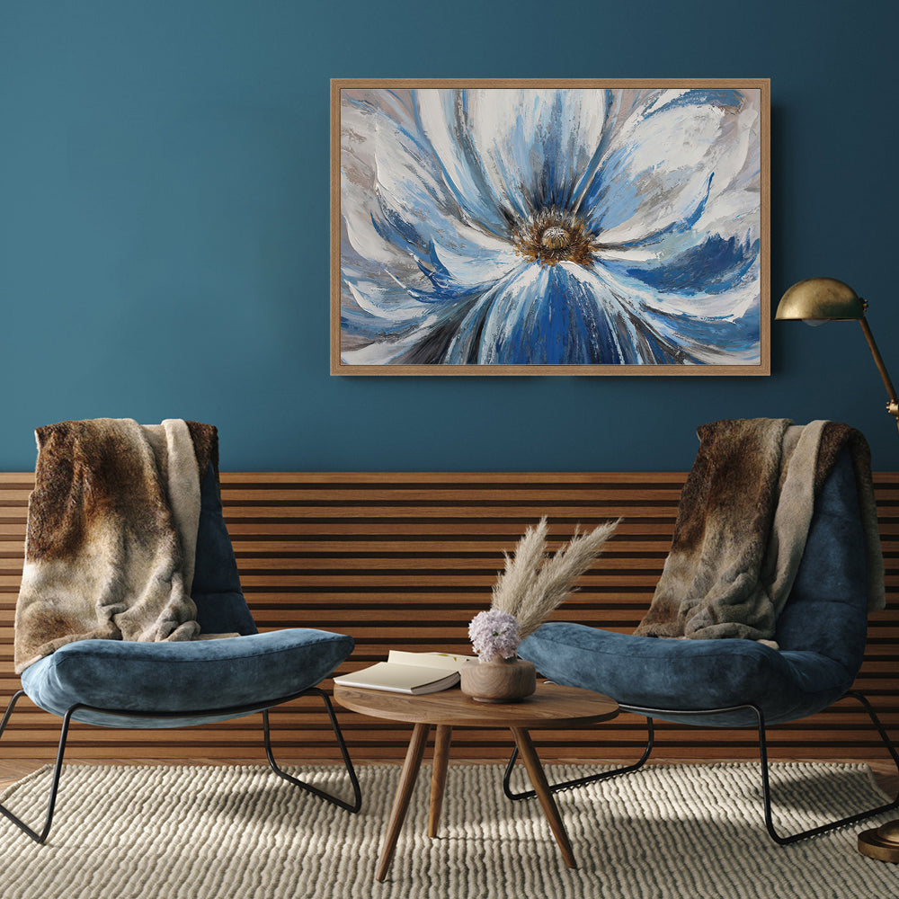Blue Floral Canvas Wall Art – Textured Flower Painting