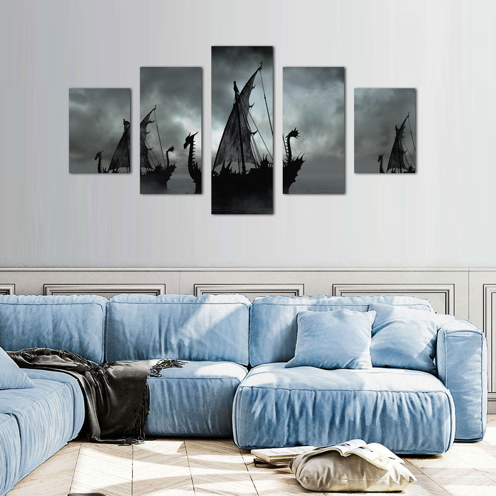 Viking Dragon Ship Silhouette Canvas Wall Art