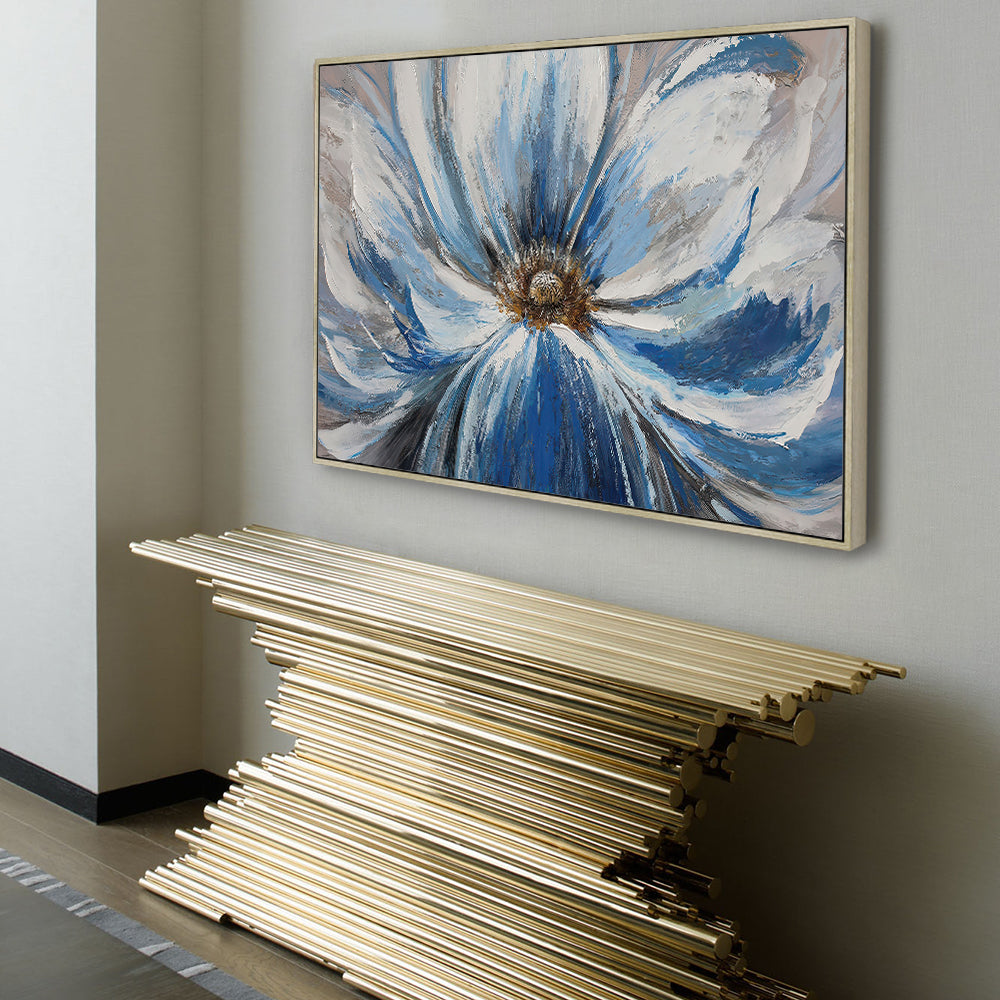 Blue Floral Canvas Wall Art – Textured Flower Painting