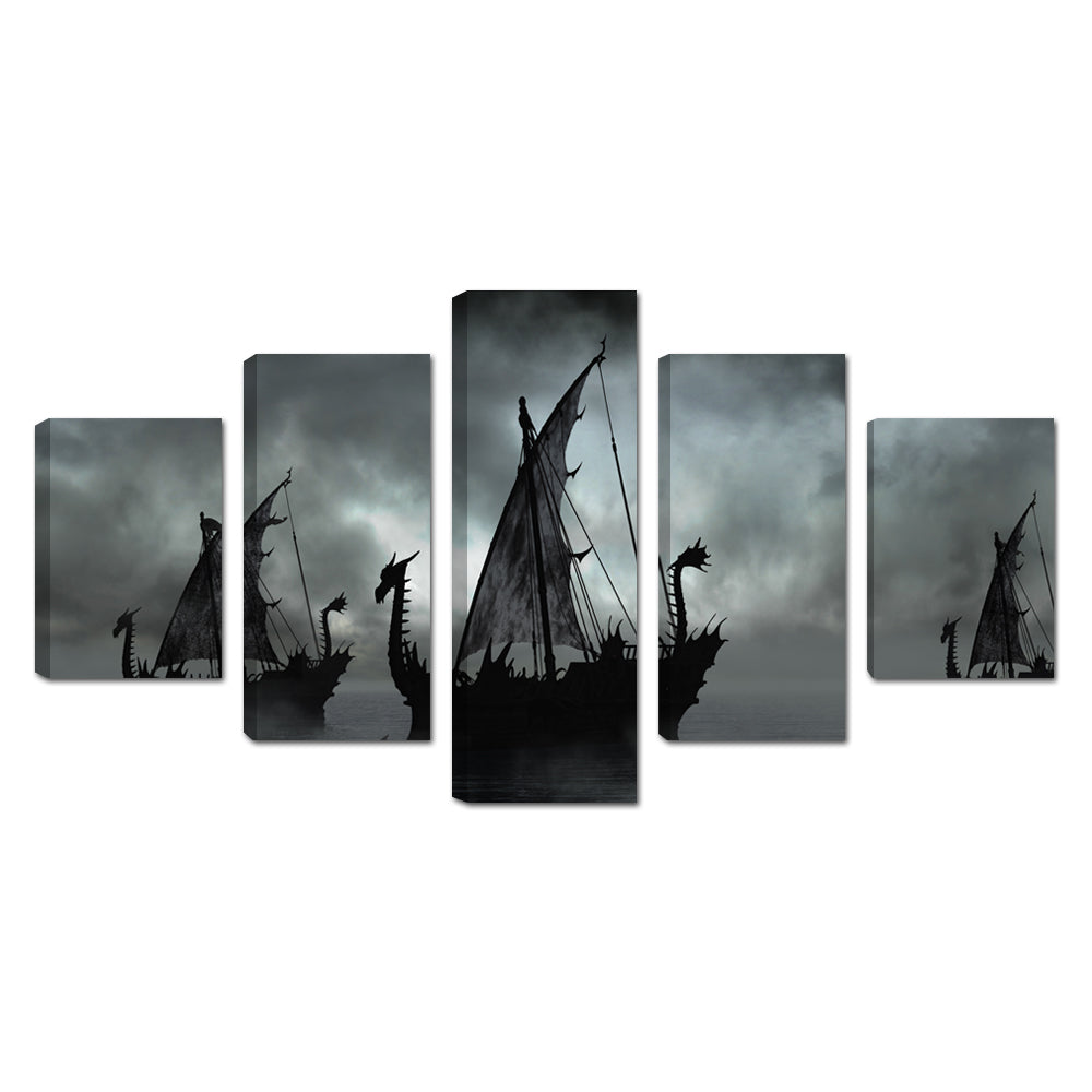 Viking Dragon Ship Silhouette Canvas Wall Art