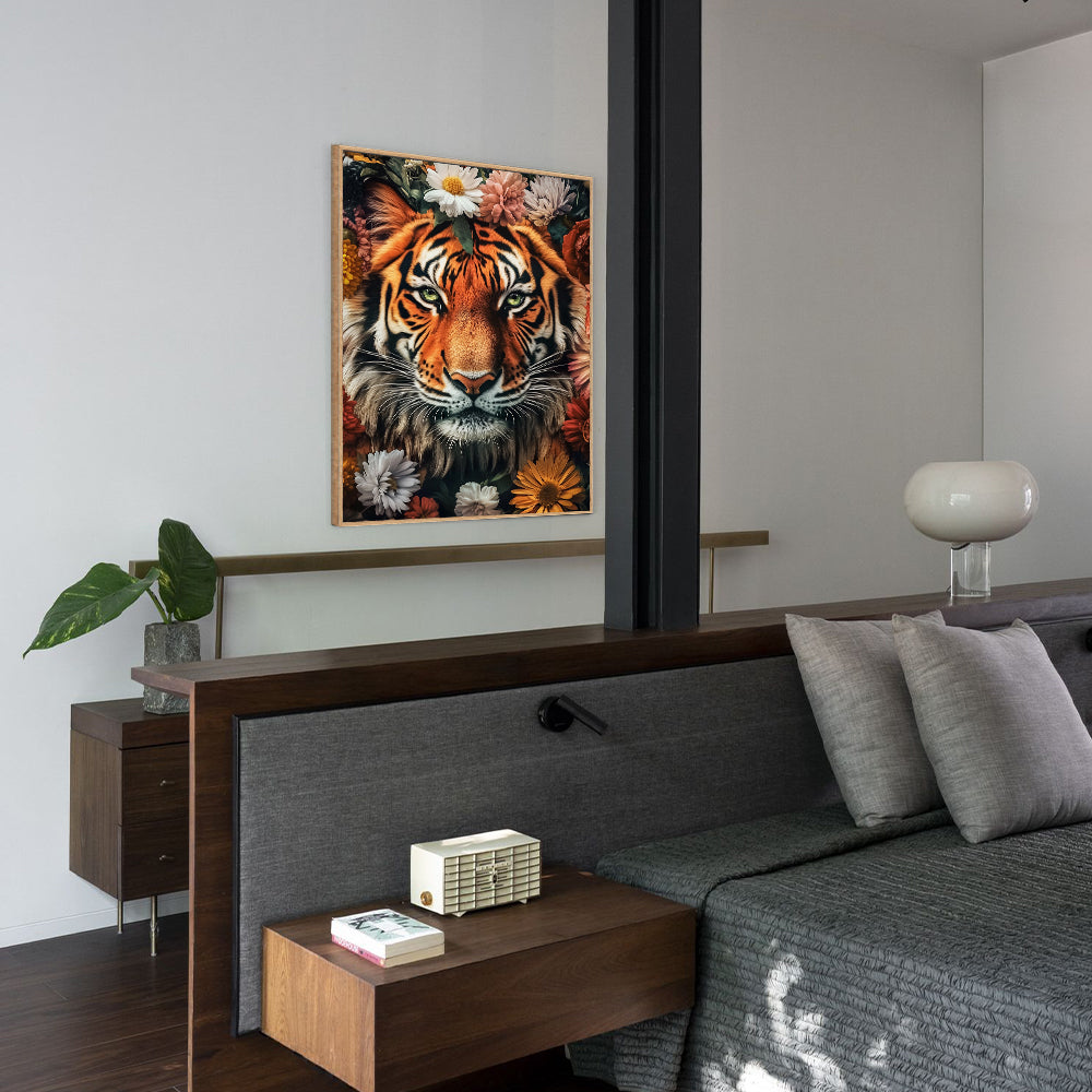 Majestic Tiger - Bold Wildlife Design With Floral Accents Canvas Wall Art