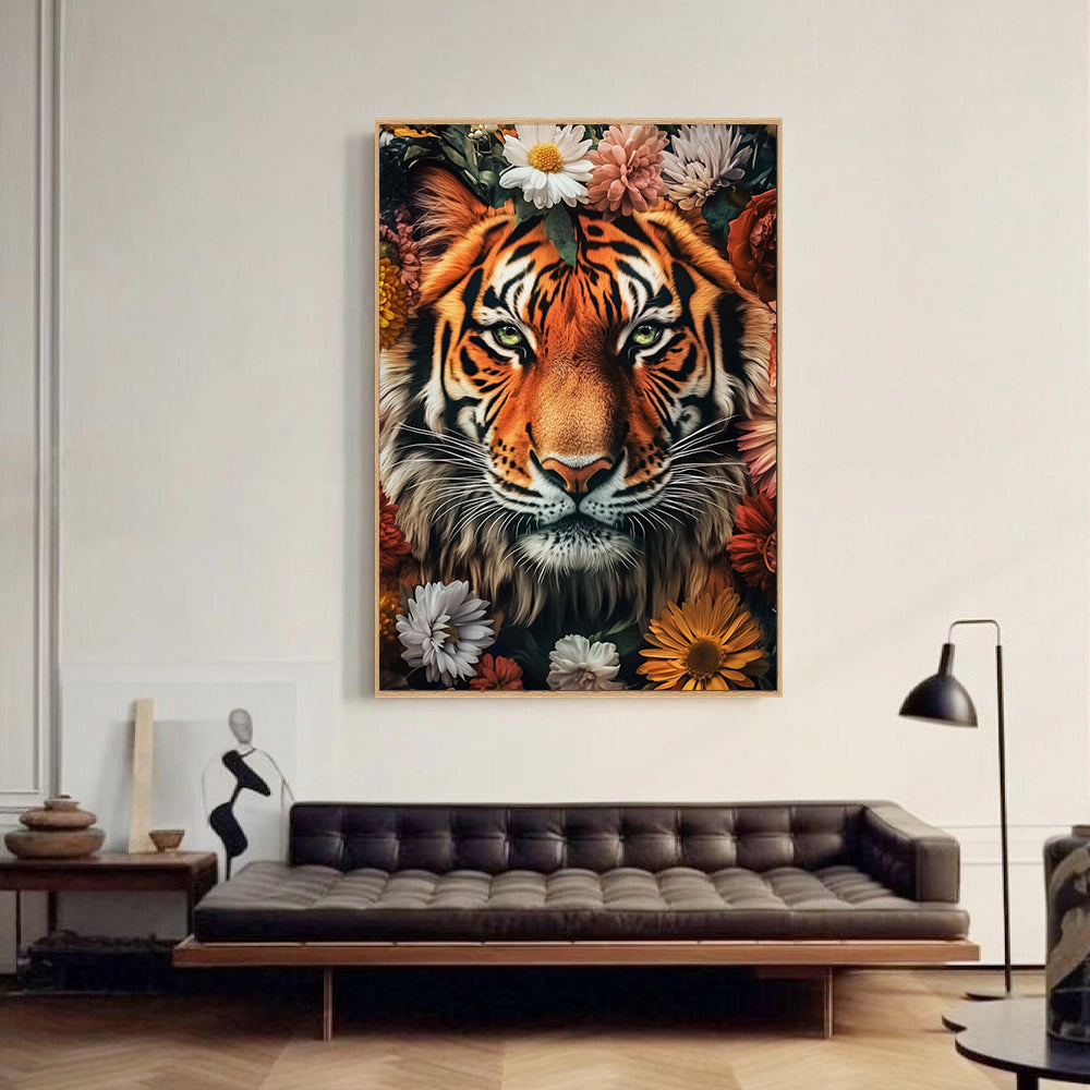 Majestic Tiger - Bold Wildlife Design With Floral Accents Canvas Wall Art