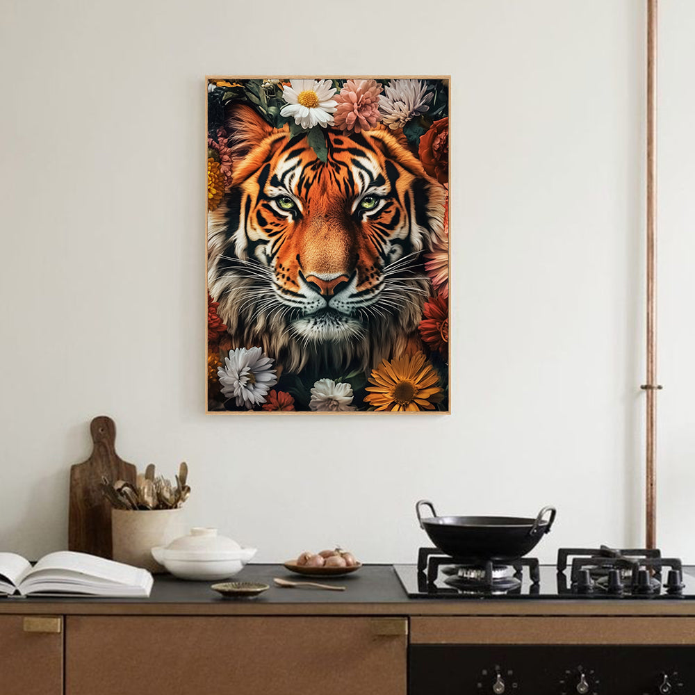 Majestic Tiger - Bold Wildlife Design With Floral Accents Canvas Wall Art