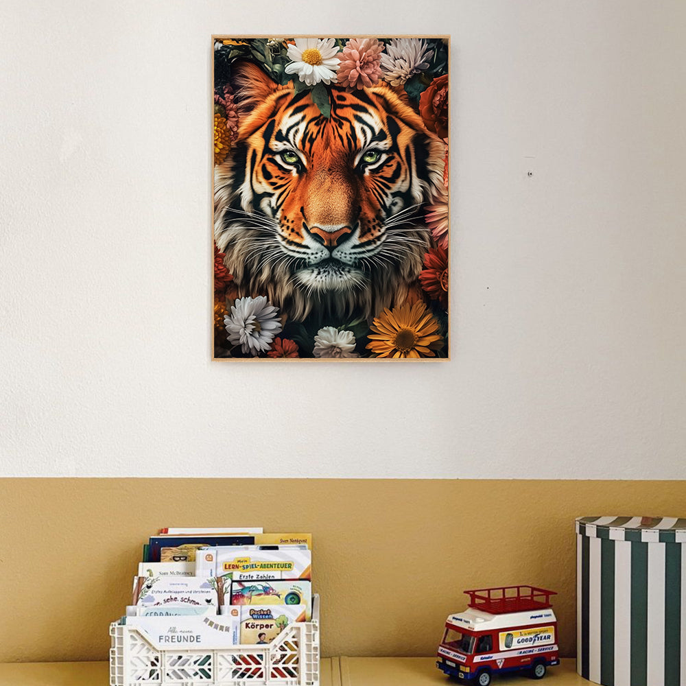 Majestic Tiger - Bold Wildlife Design With Floral Accents Canvas Wall Art