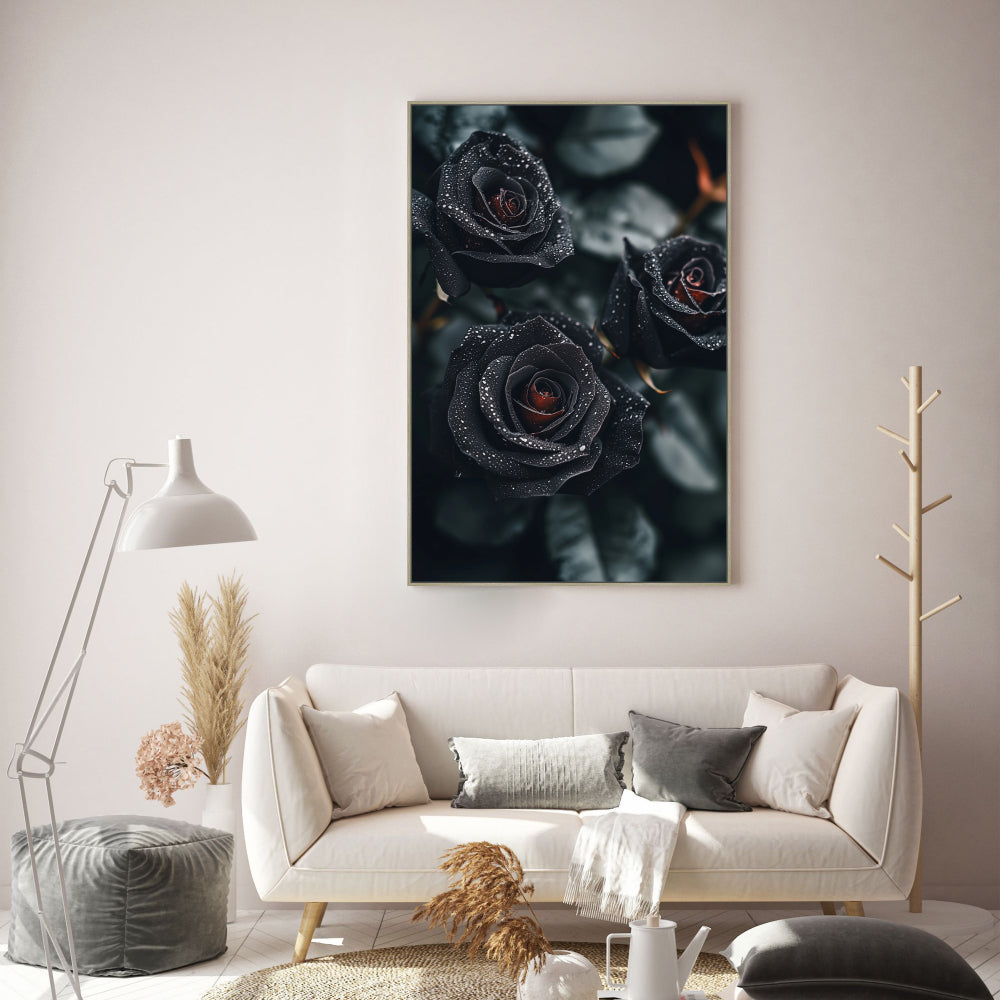 Dew-Kissed Black Roses Canvas Wall Art