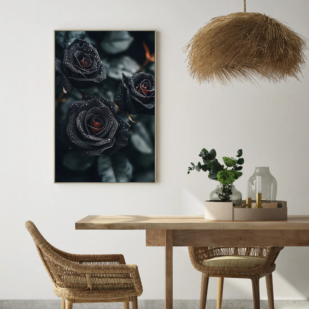 Dew-Kissed Black Roses Canvas Wall Art
