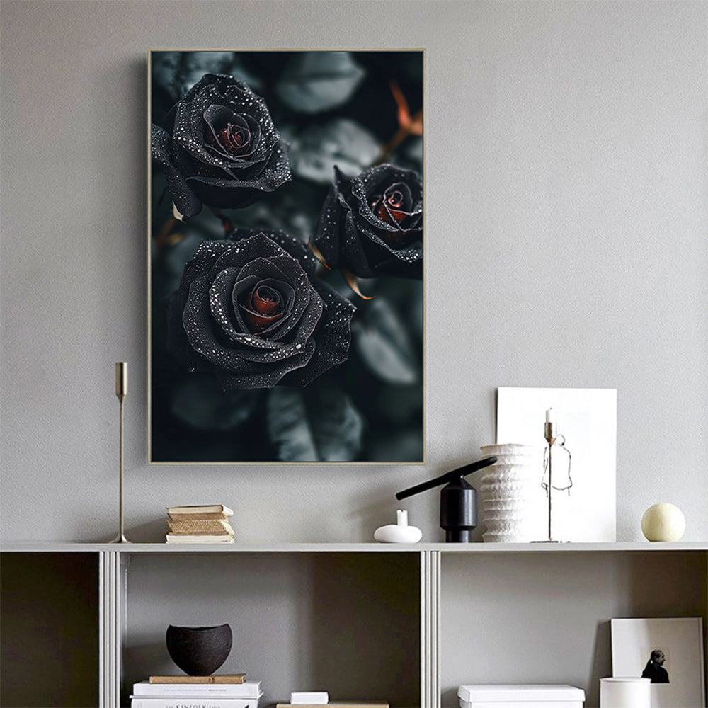 Dew-Kissed Black Roses Canvas Wall Art