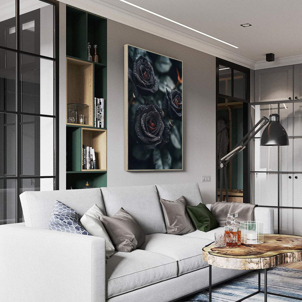 Dew-Kissed Black Roses Canvas Wall Art