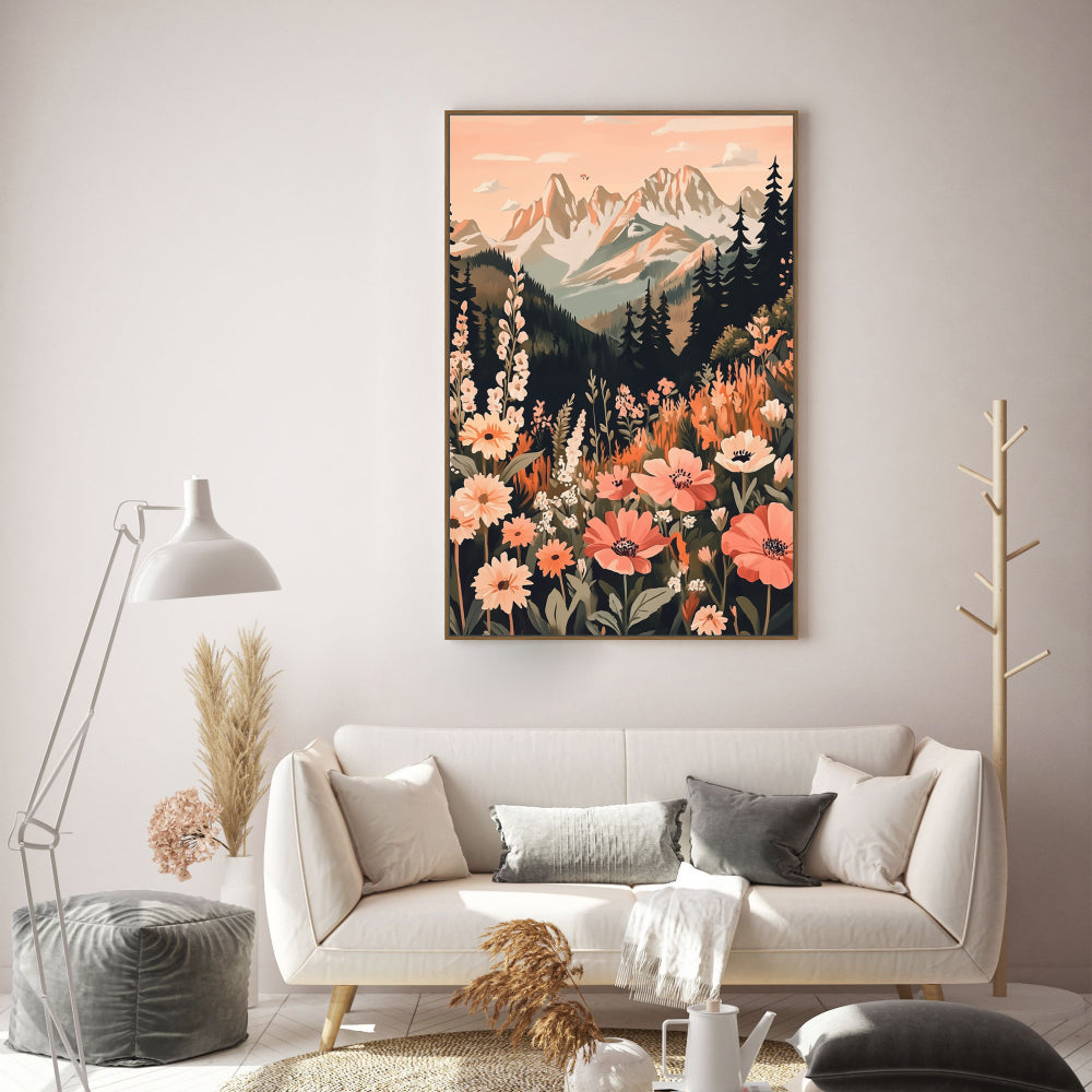Floral Mountain Landscape Canvas Wall Art