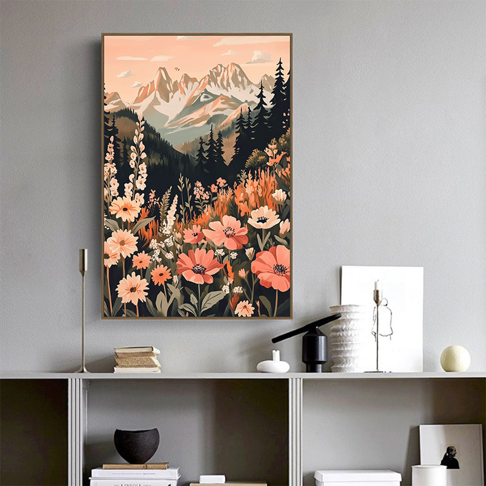 Floral Mountain Landscape Canvas Wall Art
