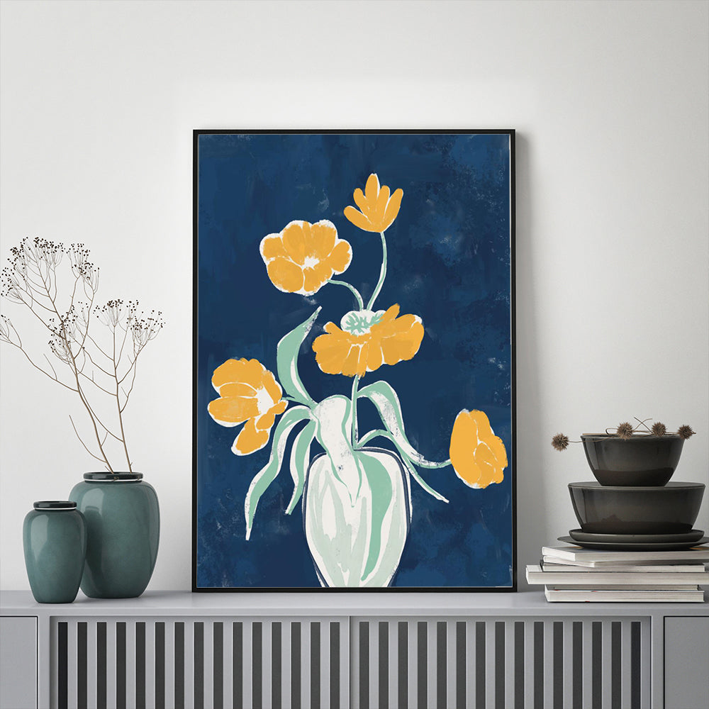 Elegant Yellow Tulips - Floral Still Life On Deep Blue Canvas Wall Art