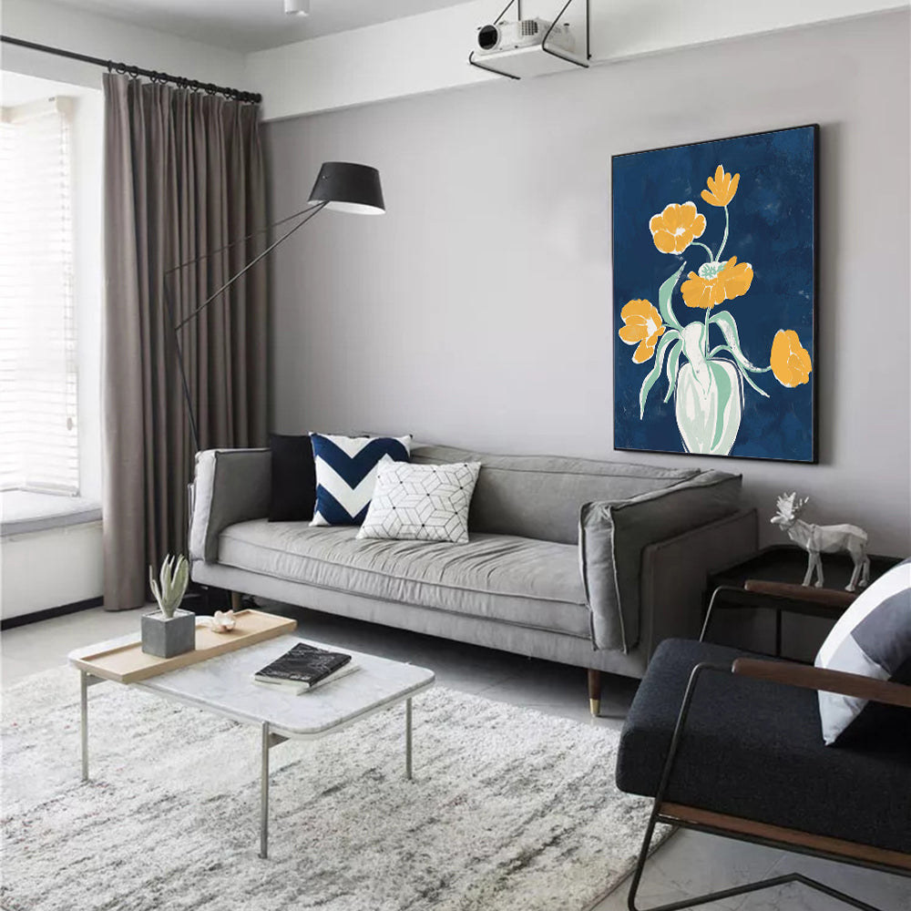 Elegant Yellow Tulips - Floral Still Life On Deep Blue Canvas Wall Art