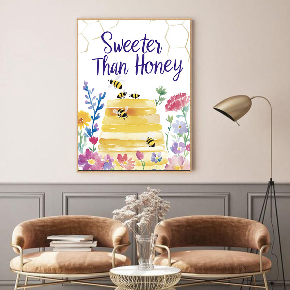 Sweeter Than Honey – Whimsical Bee And Floral Design Canvas Wall Art
