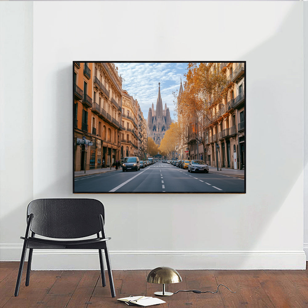 Autumn In Barcelona: Iconic Street and Landmark Scene - Canvas Wall Art