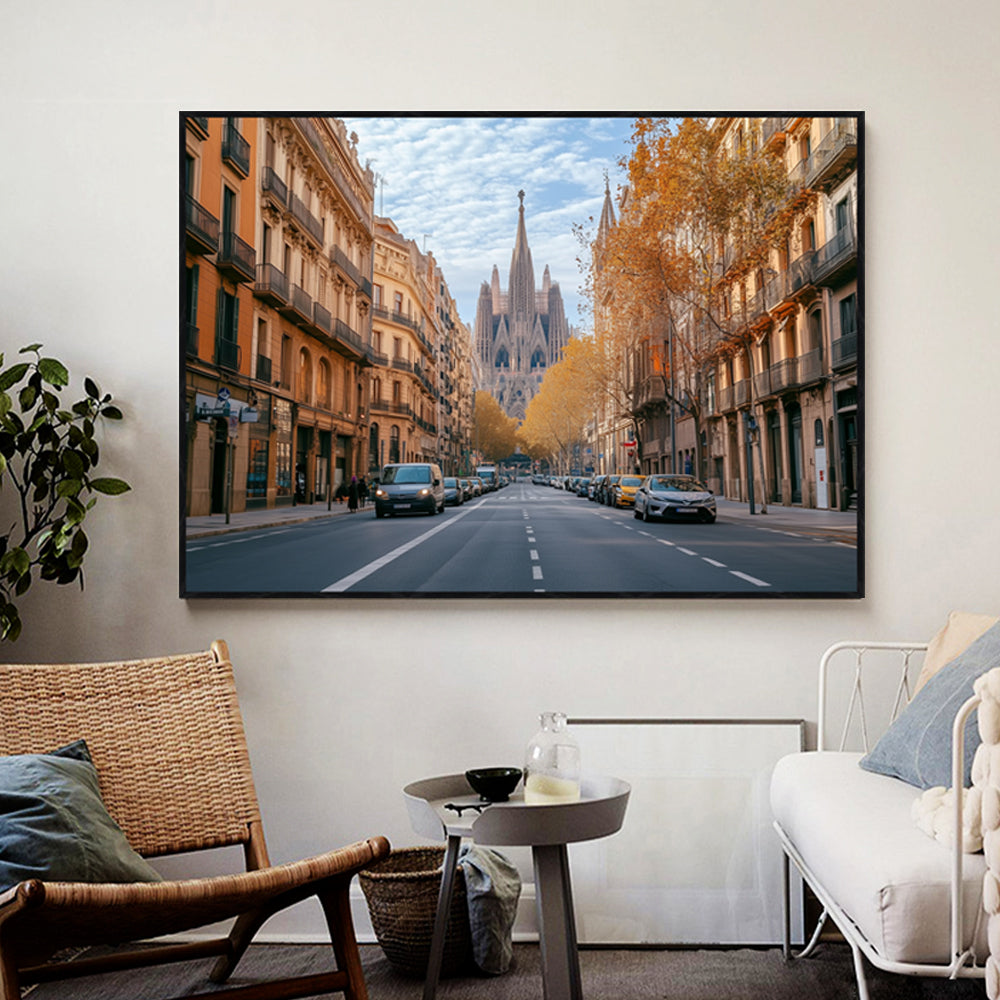 Autumn In Barcelona: Iconic Street and Landmark Scene - Canvas Wall Art