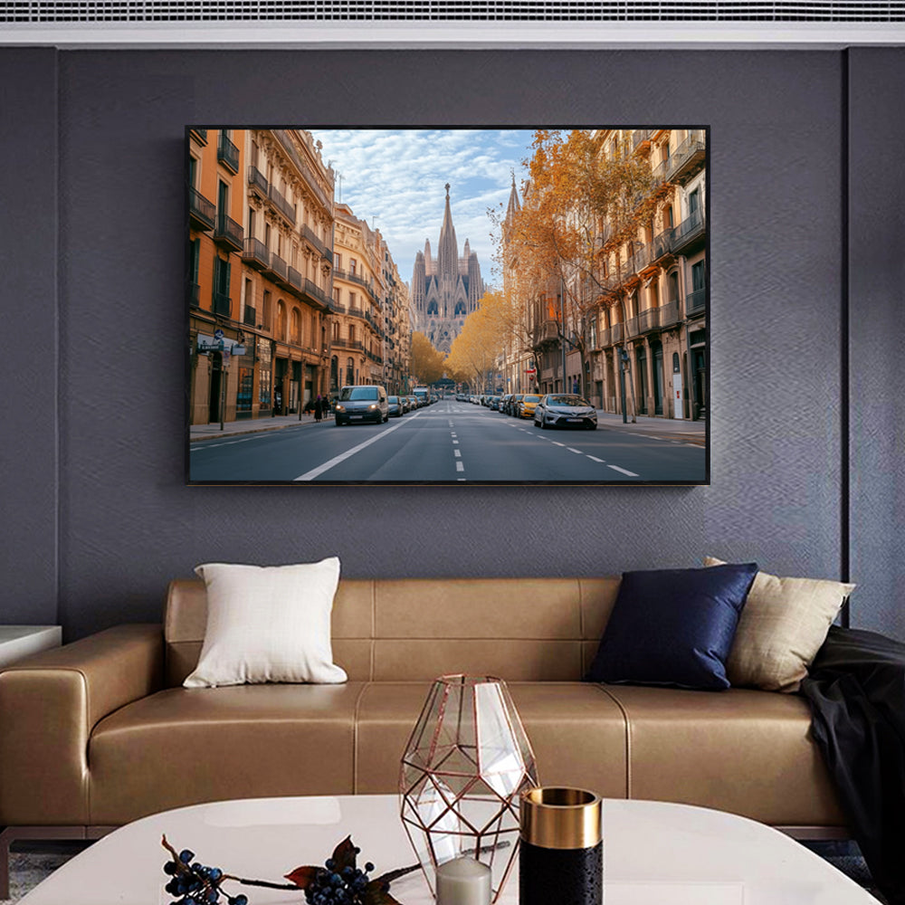 Autumn In Barcelona: Iconic Street and Landmark Scene - Canvas Wall Art