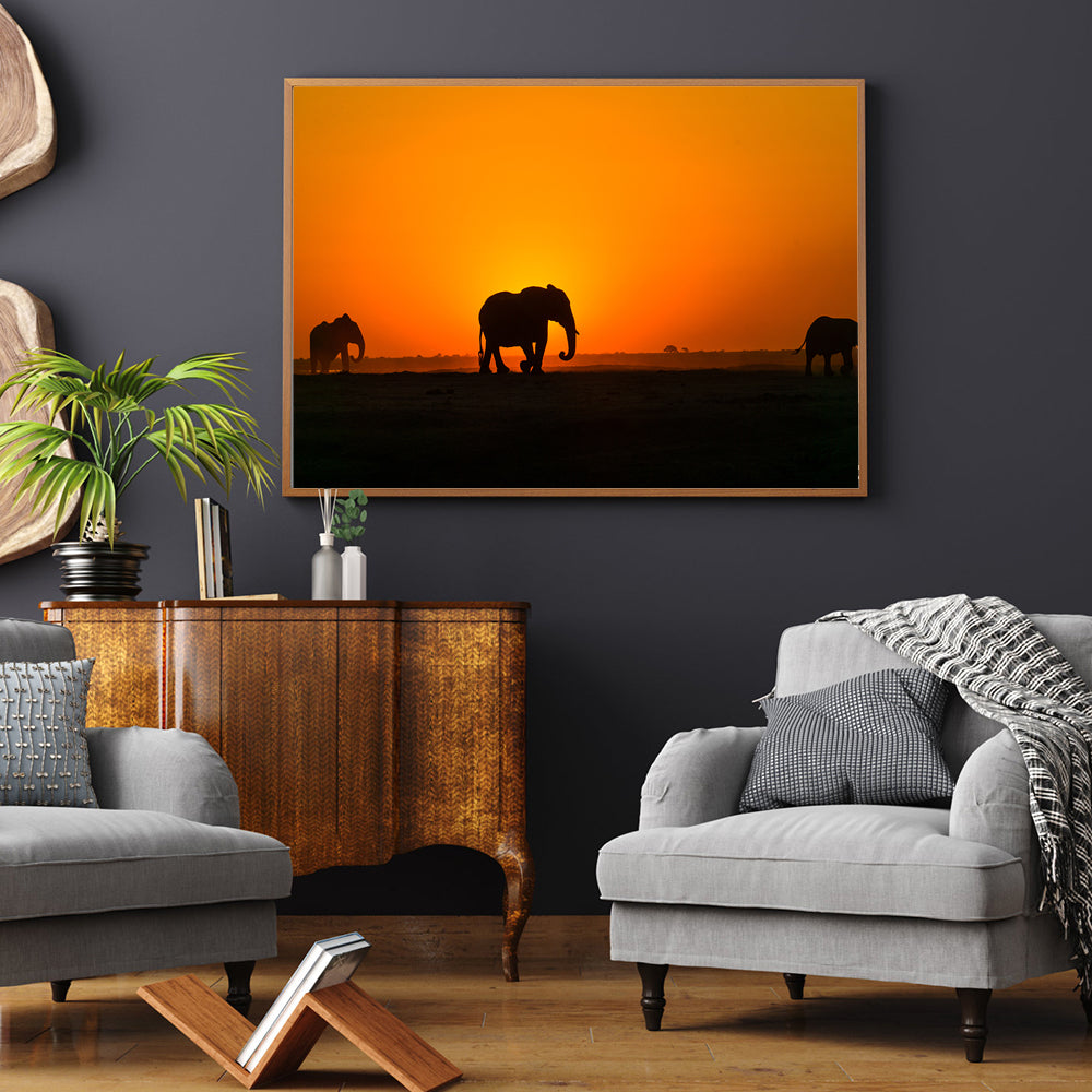 Elephant Silhouettes At Sunset Canvas Wall Art