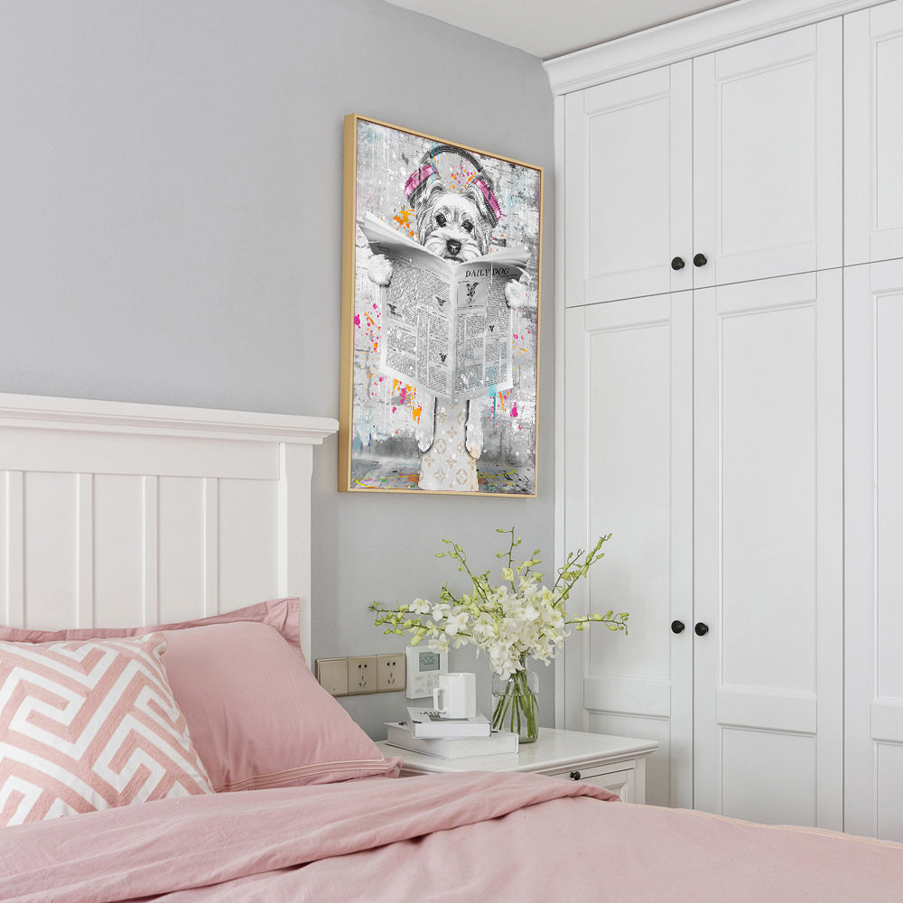 Cool Pup Reading The Daily Dog Graffiti-Style Canvas Wall Art